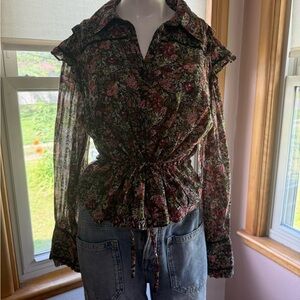 Free People Floral Sheer Blouse - Black and Red